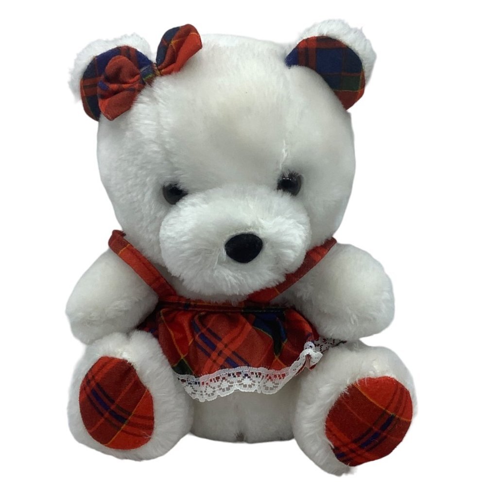 Vtg Princess Soft Bears Mac‎ Bear Plaid Bow Apron Dress Teddy Stuffed Animal Toy